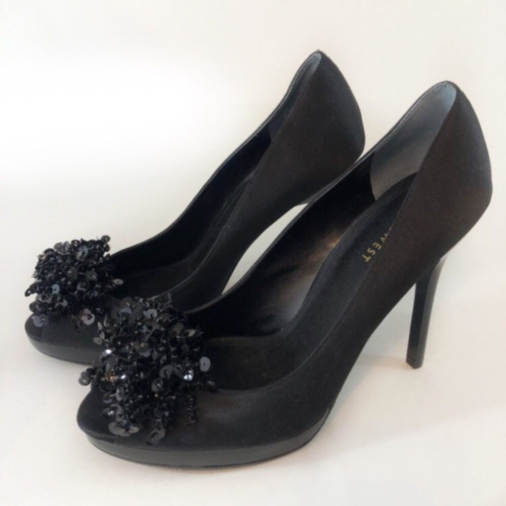 Nine West black satin sequin peeptoe heels NEW 9.5